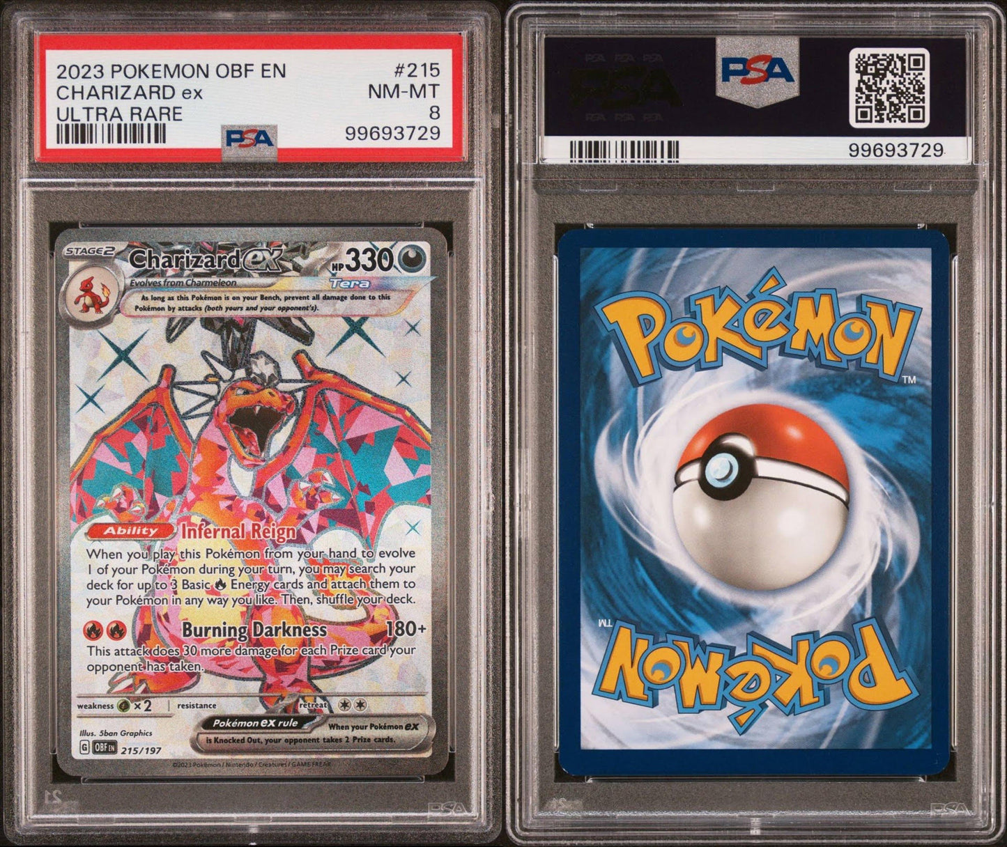 2023 POKEMON OBF EN-OBSIDIAN FLAMES 215 CHARIZARD EX ULTRA RARE - PSA 8